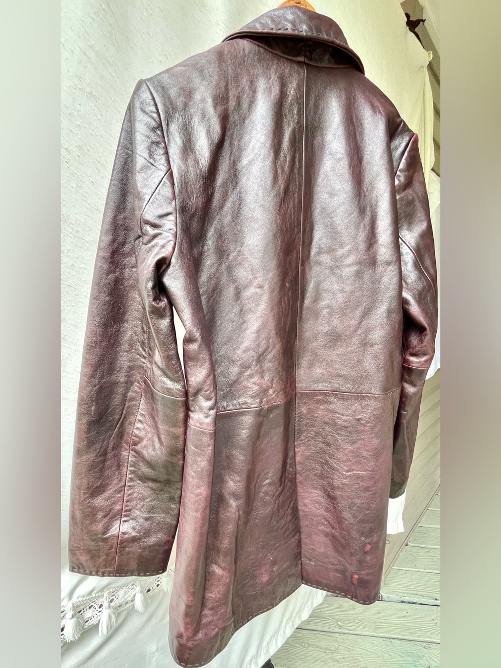 Zara 100% Leather Topstitching Coat Jacket Long Sleeves Button Up Lapel Collar - Picture 13 of 16